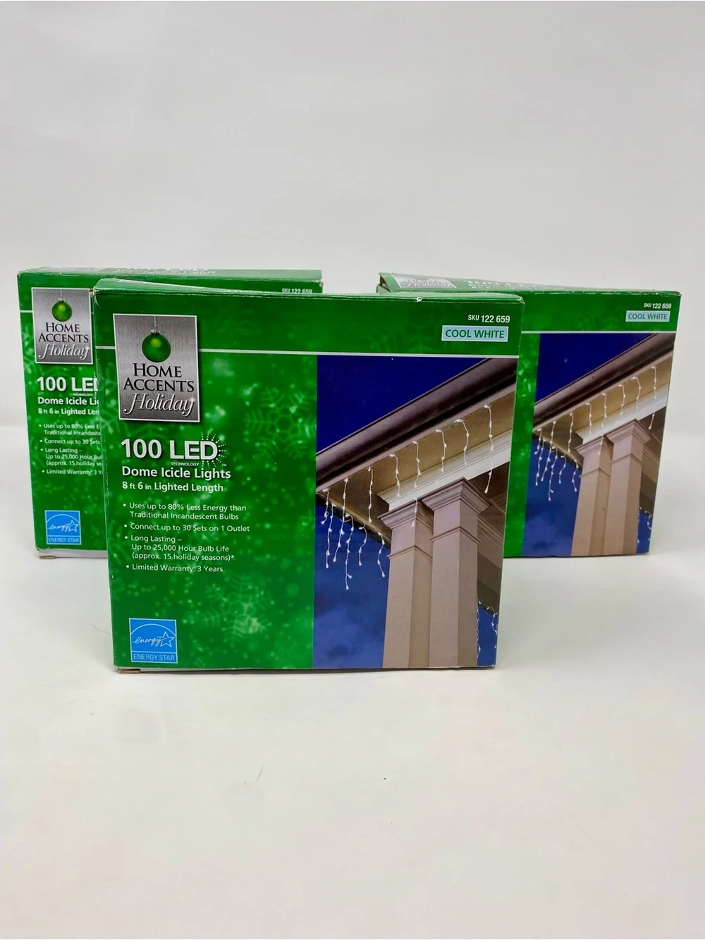 Set of 3 - Home Accents Holiday 100 LED Dome Icicle Lights - Cool White